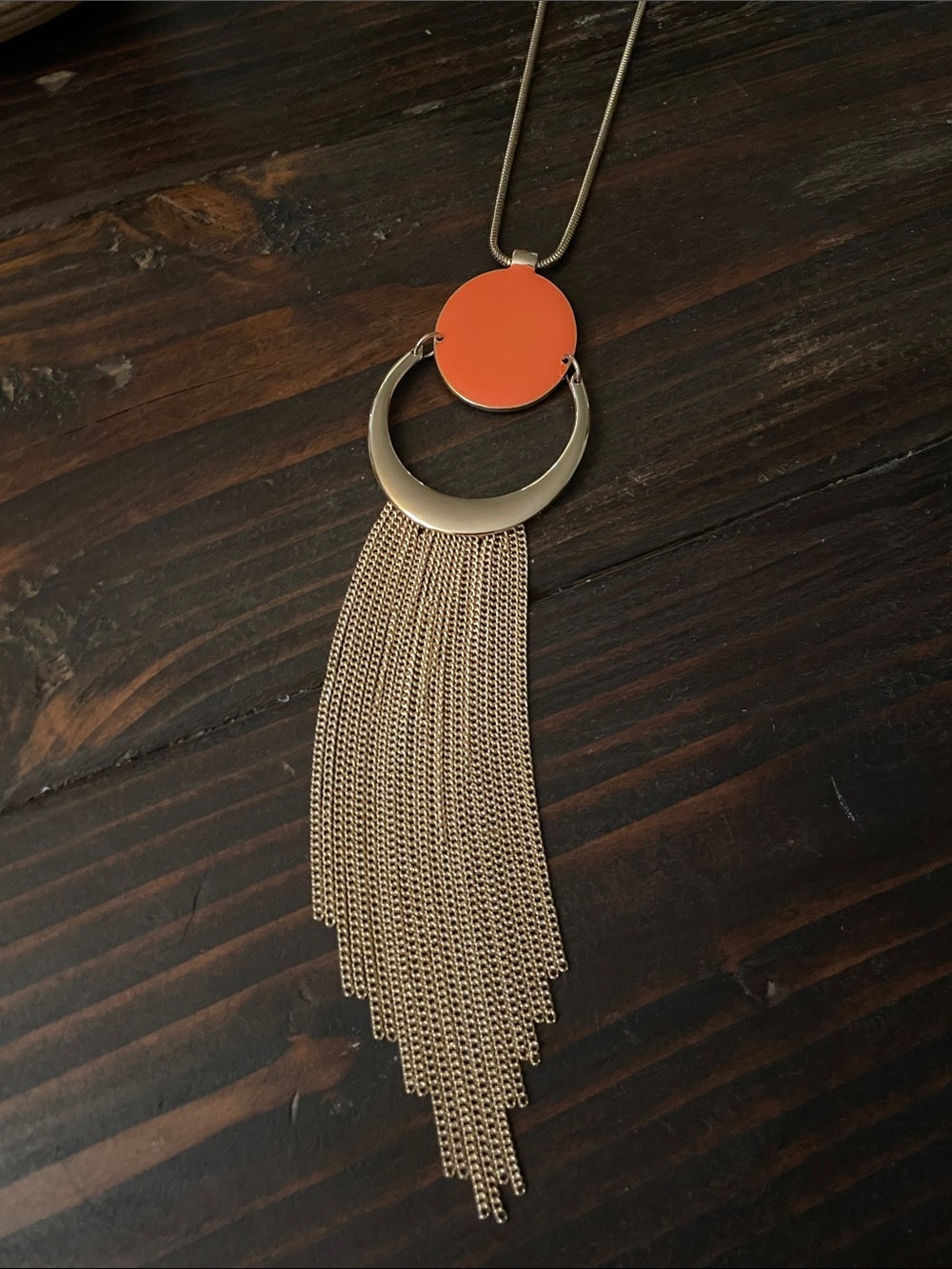 Massini Gold-Tone Fringe Necklace with Orange Disc D04 6697